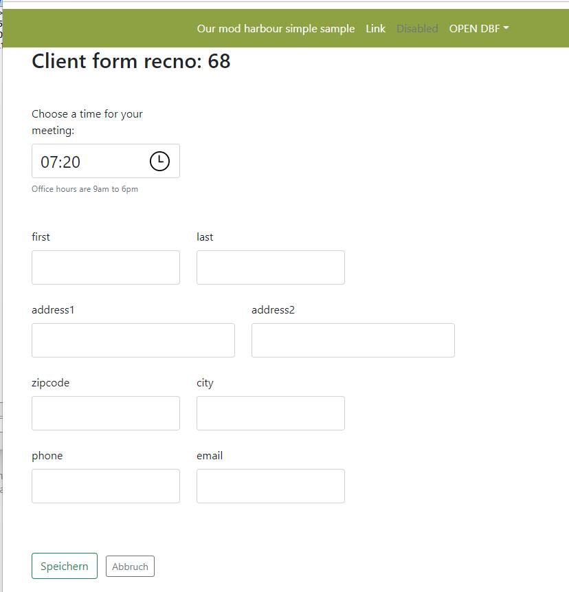 Ist möglicherweise ein Bild von Text „Client form recno: 68 Our mod harbour simple sample Link Disabled OPEN DBF Choose time for your meeting: 07:20 Office hours are 9am 6pm first last address1 address2 zipcode city phone email Speichern Abbruch“